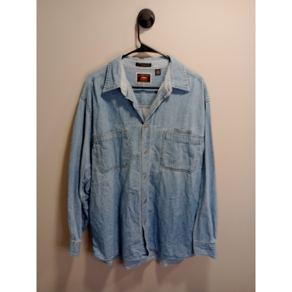 Vintage 90s Wrangler Hero Denim Shirt Mens L Light Wash Blue Workwear Western